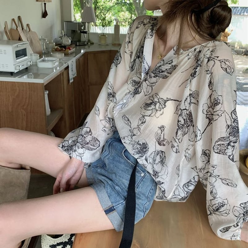 花柄 ブラウス ノーカラー ランタンスリーブ シャツ ルーズ シフォン
