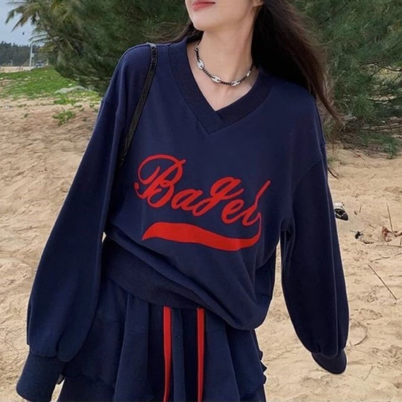 セットアップ 上下セット Vネック ロゴ トレーナー ティアードミニ