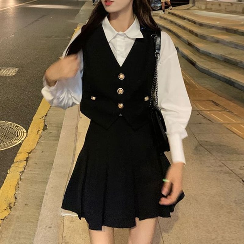 3点セット シャツ ベスト プリーツスカート ハイウエスト レトロ