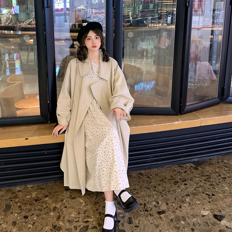 トレンチコート ベルト付き ダブルブレスト 韓国ファッション