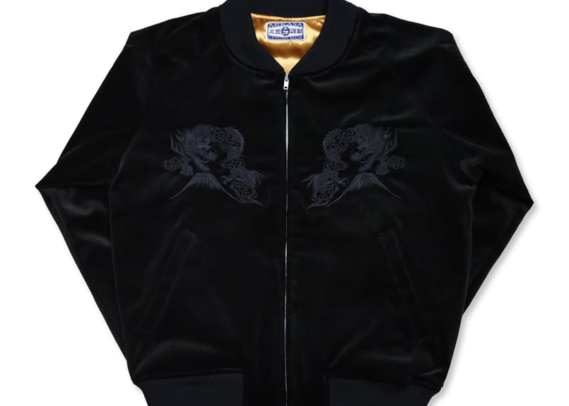 別珍黒刺繍】三笠謹製 オリジナル別珍スカジャン 花龍 綿無薄手 日本製