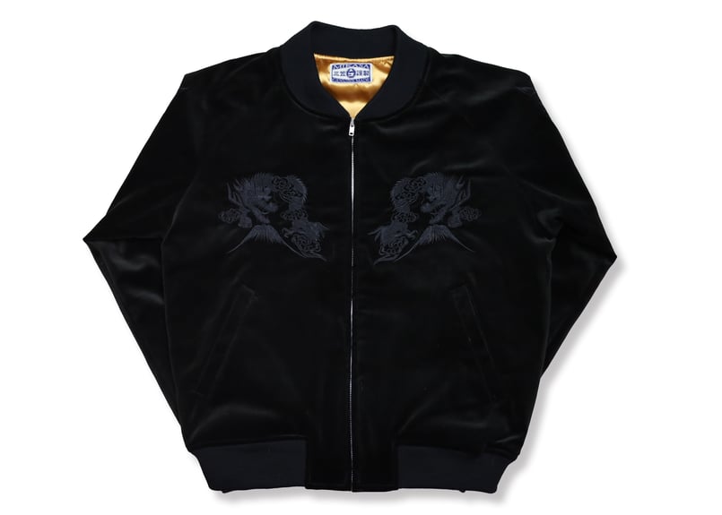 別珍黒刺繍】三笠謹製 オリジナル別珍スカジャン 花龍 綿無薄手 日本製