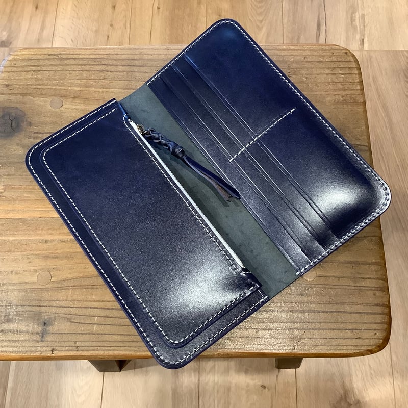 黒革×ルガトショルダーネイビー 紺色 長財布 小銭入れあり | keywest828