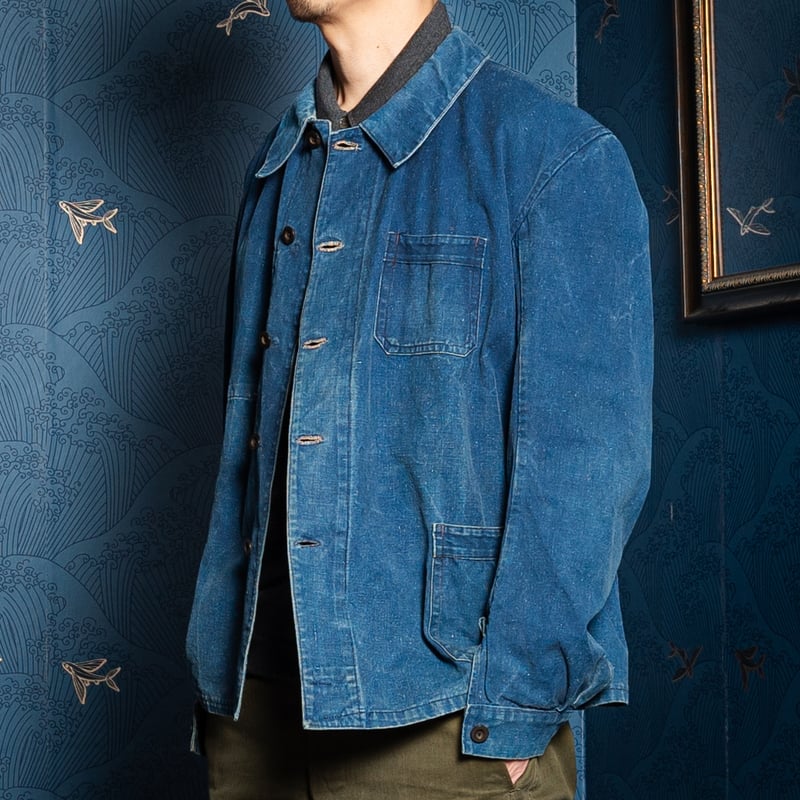 30s France Vintage Indigo Cotton Linen Work Ja