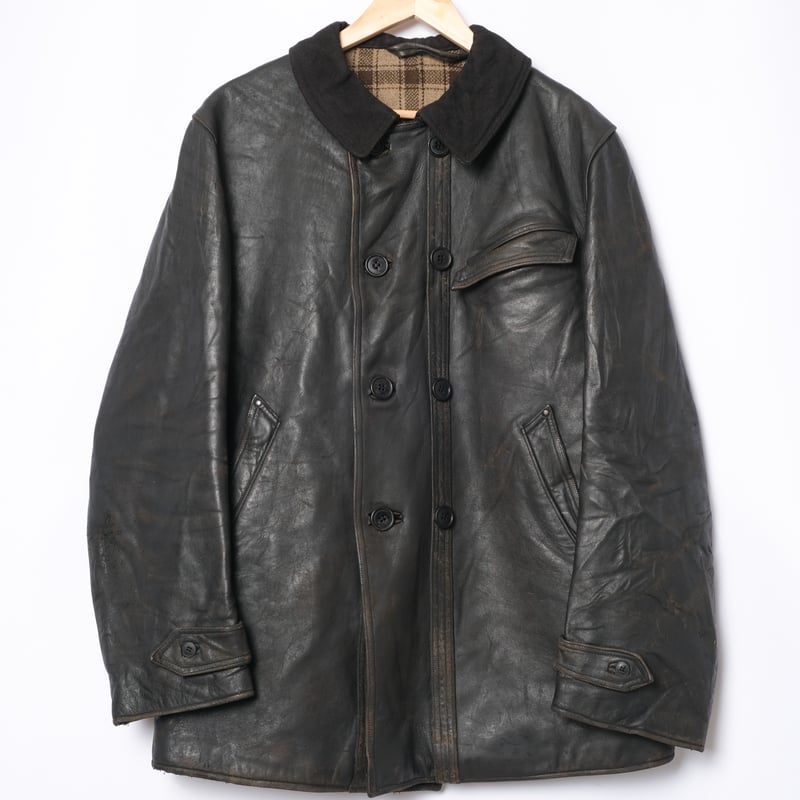 50s-60s France Vintage Leather Jacket Wool Coll