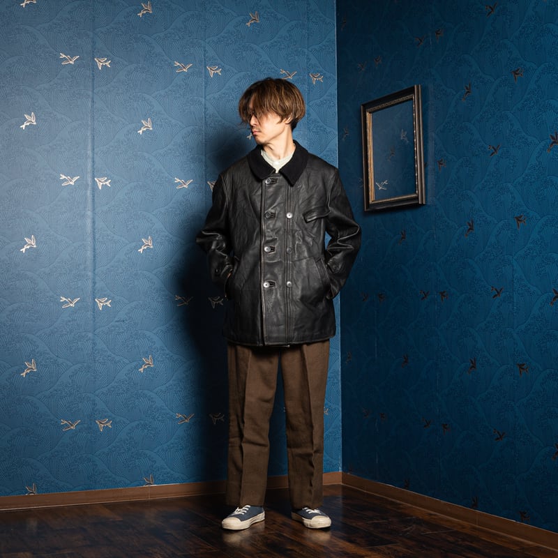 50s-60s France Vintage Leather Jacket Wool Coll