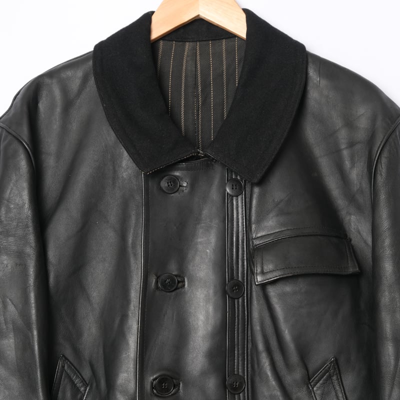 40s-50s France Vintage Leather Jacket Wool Coll