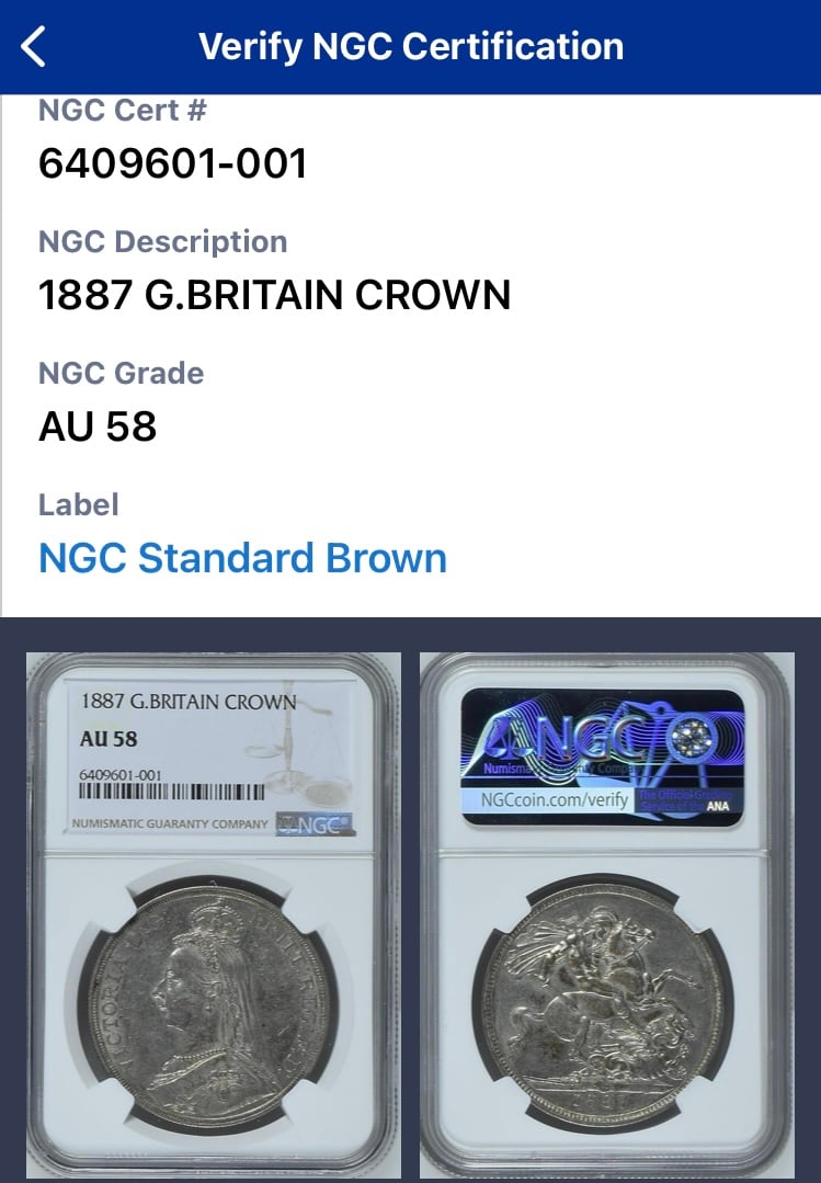 NGC鑑定AU58 ジュビリーヘッド 1887年 クラウン銀貨 ヴィクトリア女王
