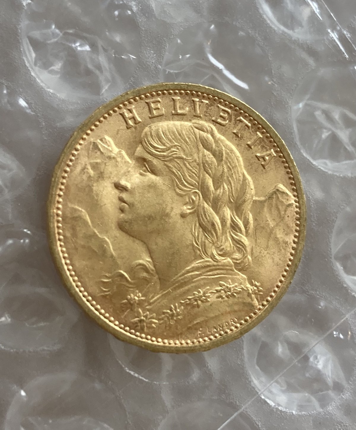 美品・未鑑定品 1935年LB スイス 20フラン金貨 ゴールド アルプスの