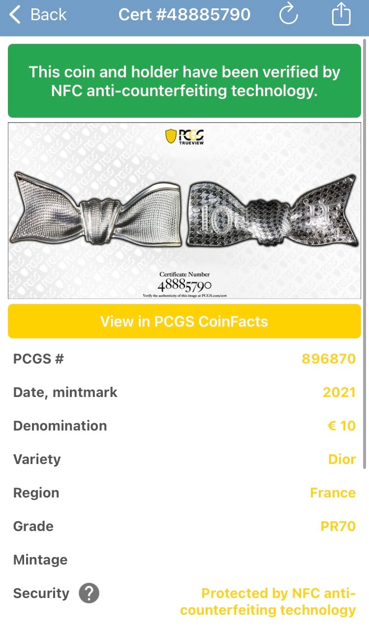 最高鑑定 【PCGS鑑定PR70】Dior公式 フランス造幣局 2021 ディオール