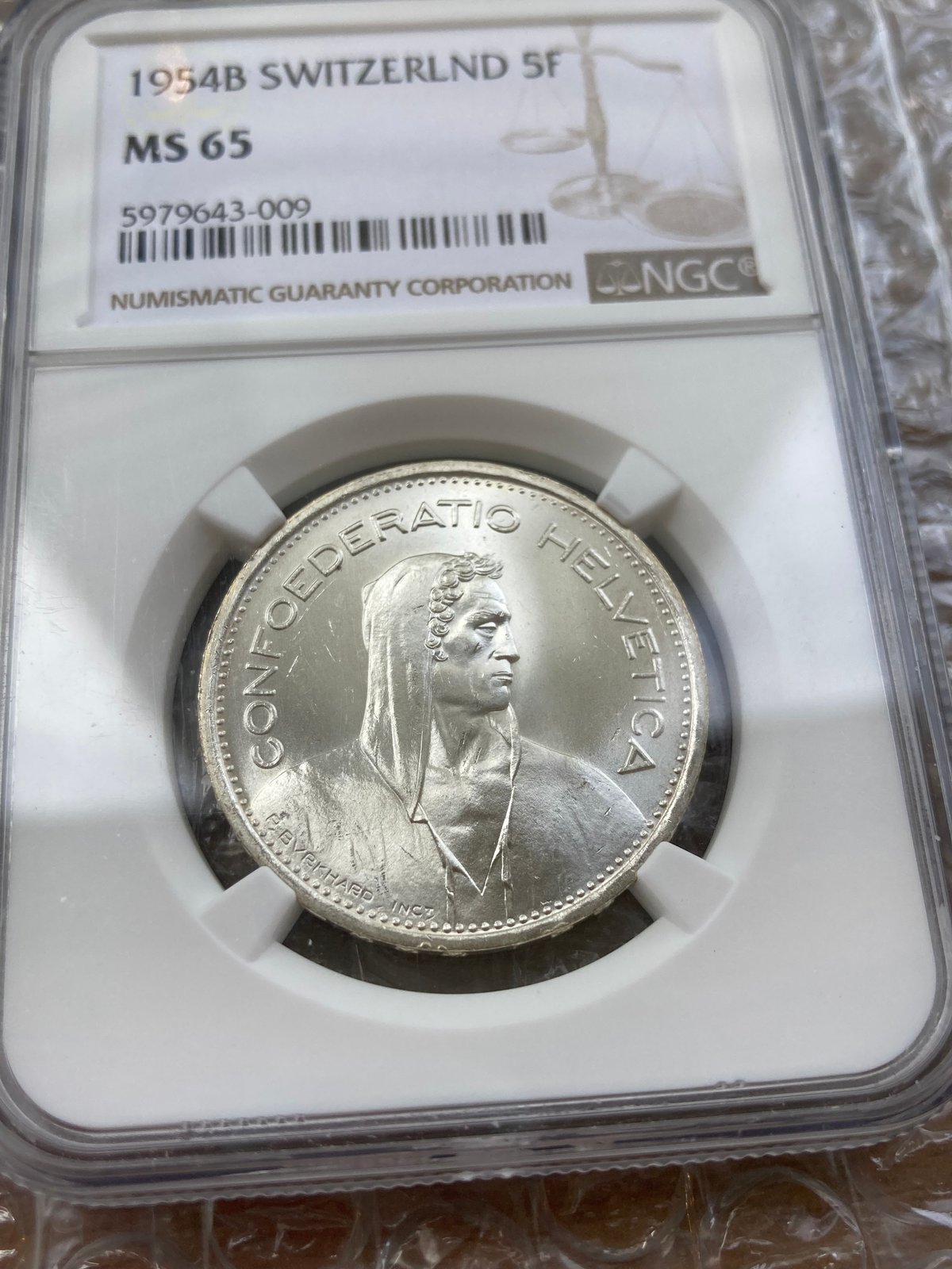 NGC鑑定MS65 スイス ウィリアム・テル 1954年 5フラン銀貨 シルバー