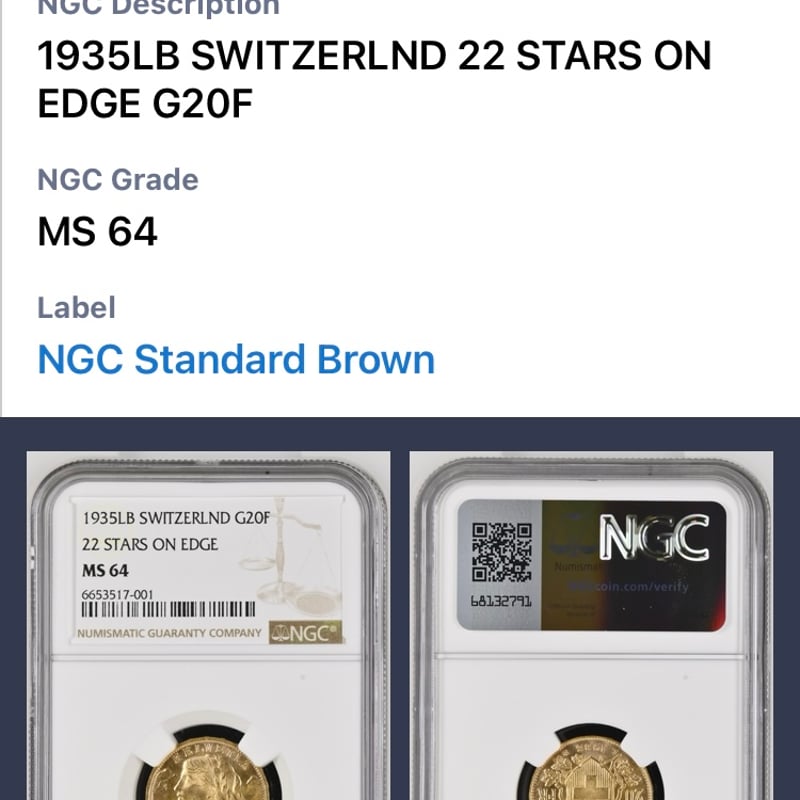 22STARS版 1935年LB スイス 20フラン金貨 ゴールド アルプスの少女