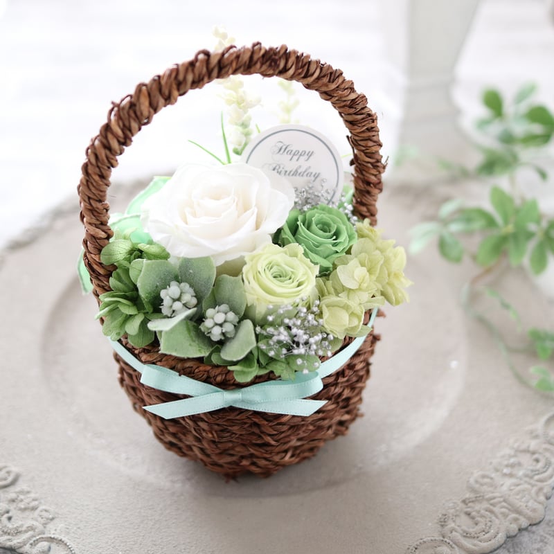 Preserved Flower】グリーン系の爽やかなプチフラワーバスケット｜誕生