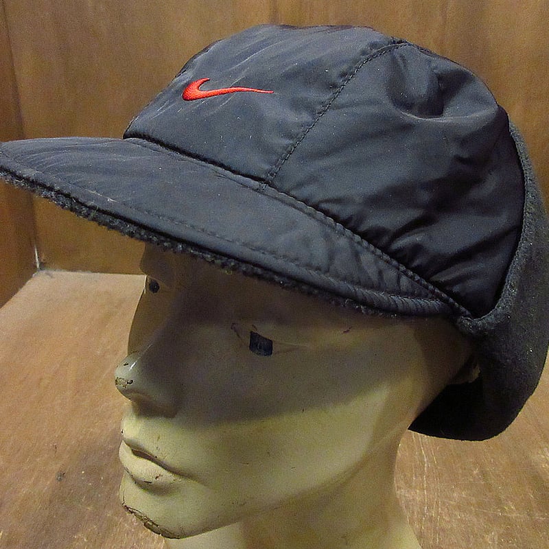 ビンテージ90's○NIKE耳当て付き裏フリースナイロンキャップ黒