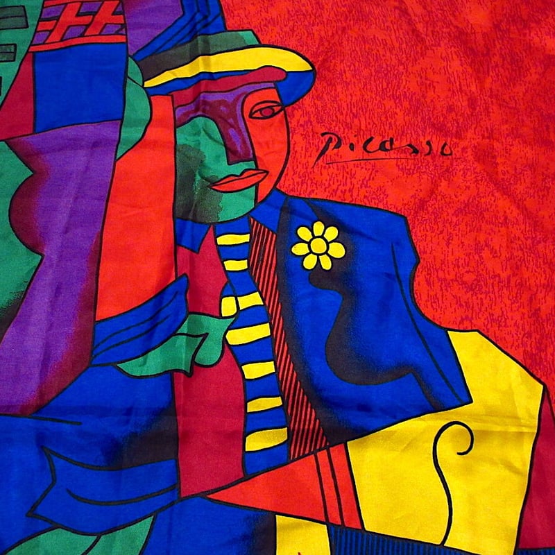 ビンテージ90's○picassoアートプリントシルクスカーフ約87cm×87cm
