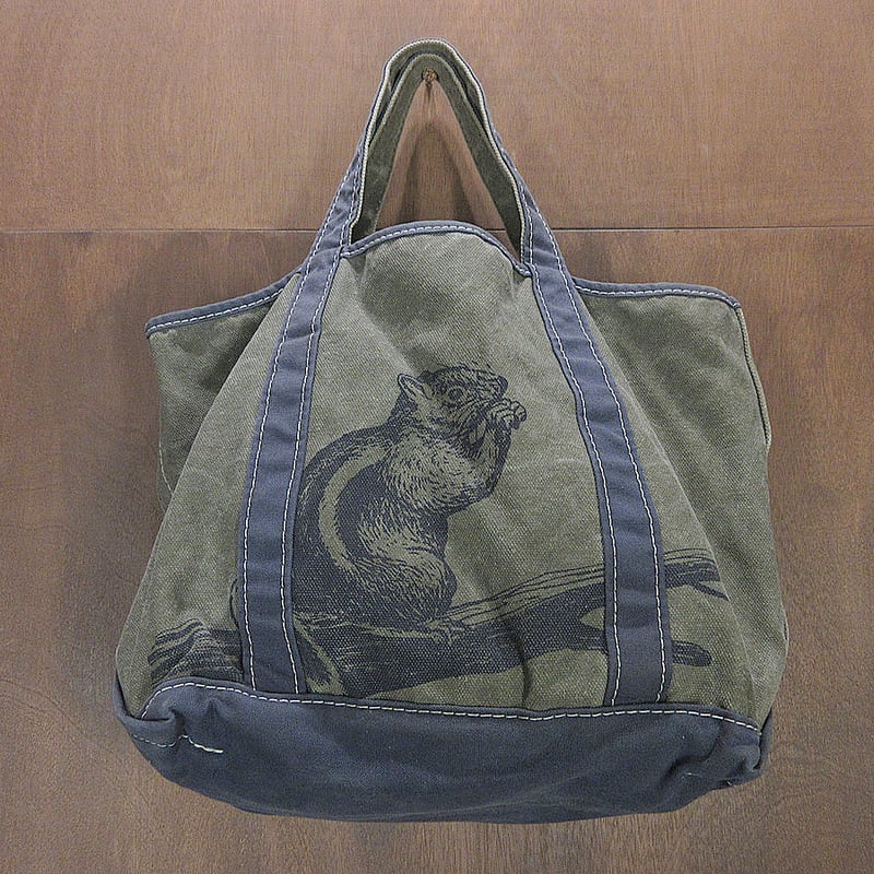 L.L.Bean○リスプリント入りキャンバストートバッグ紺×オリーブ