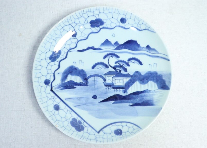 江戸幕末染付梅花氷裂に山水図尺1寸皿 | 吉祥寺PukuPuku
