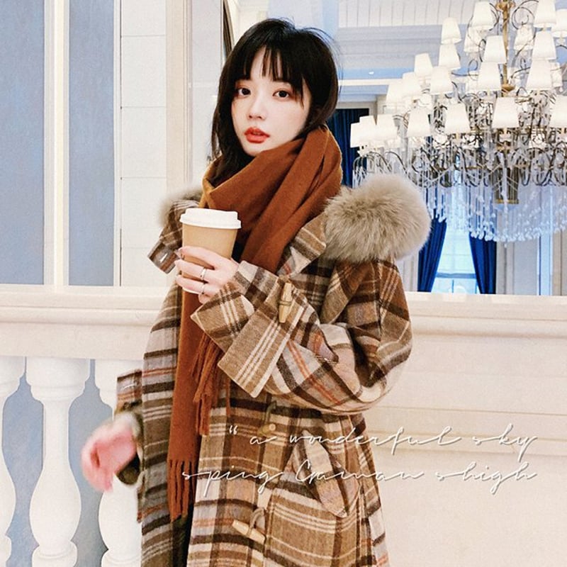 フード付き チェック柄 ウールコート ジャケット コート アウター 秋冬