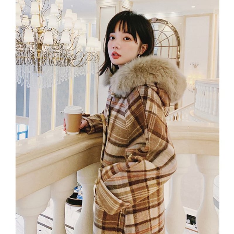 フード付き チェック柄 ウールコート ジャケット コート アウター 秋冬