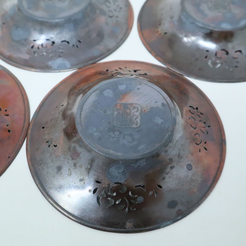 A013【工芸】煎茶 古銅 輝壱造 透彫刻 茶托 5客揃 | 中国美術・茶器 花葉