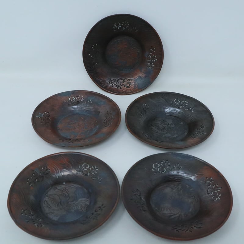 A013【工芸】煎茶 古銅 輝壱造 透彫刻 茶托 5客揃 | 中国美術・茶器 花葉