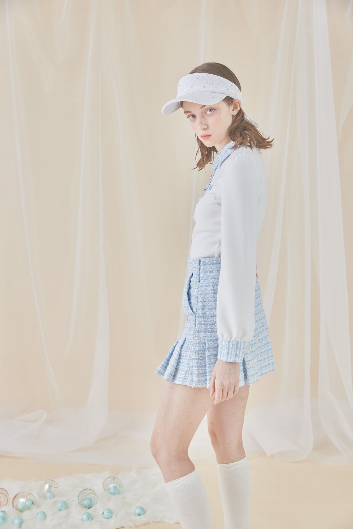 再入荷】tweed pearl button polo (l.blue) | ミヌエール（m