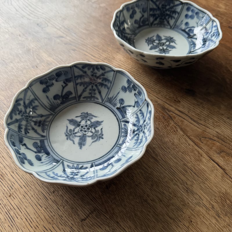 古伊万里 染付松竹梅文 輪花膾皿 渦福銘 2客セット | Kaikaroman