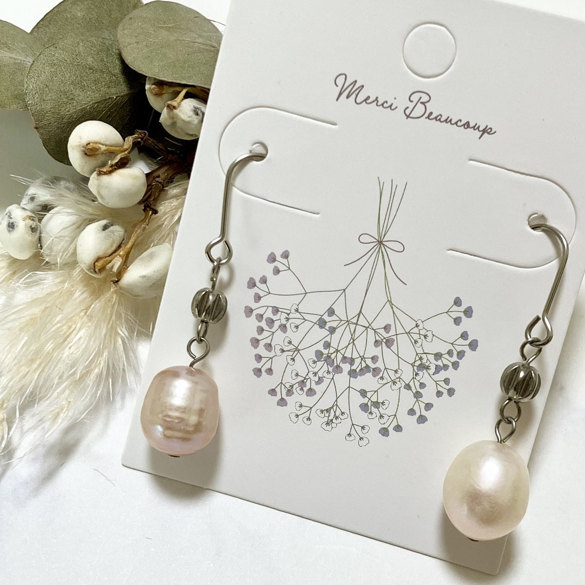 14.天然淡水パール 真珠 ピンク×シルバー フックピアス ハンドメイド