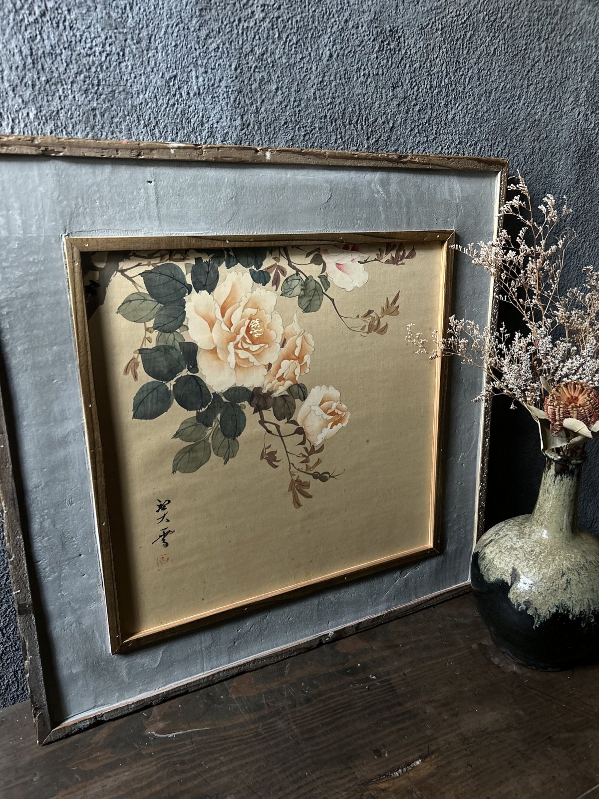 掛け軸アート「牡丹」/日本画/古材額/アンティーク | 骨董