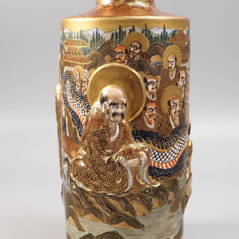 薩摩焼 神戸 大日本 長州山 高浮彫 羅漢 龍女 底部に在銘