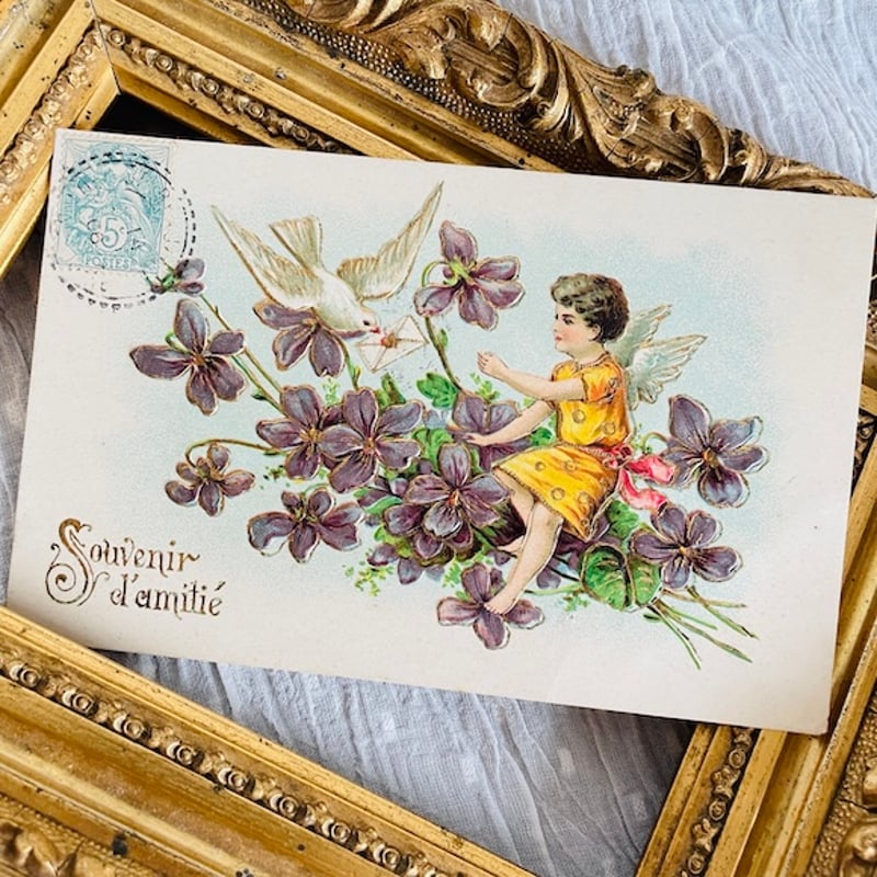 フランス アンティークポストカード 天使へ白い鳩からのお手紙 [s009