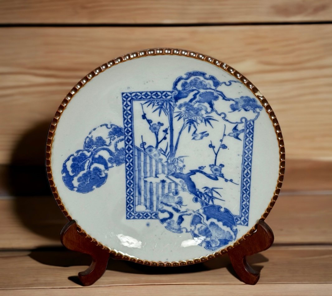 印判大皿 (梅・松・ホトトギス) 染付 飾り皿 盛り皿 いげ皿 陶器 骨董