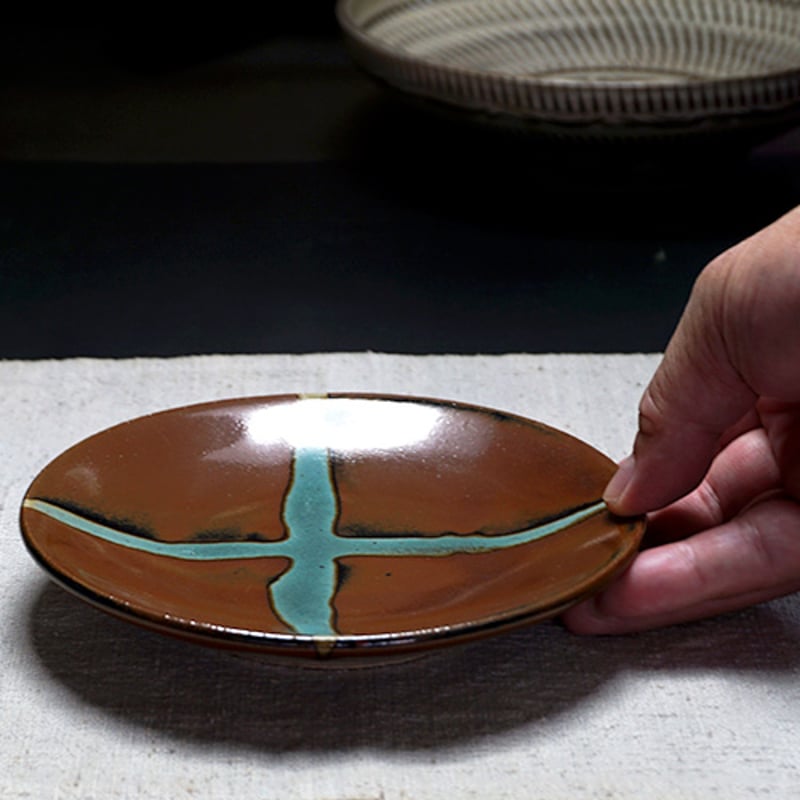 和食器 益子焼 中皿 15cm 柿釉 十字紋 | うつわの店 クラフトなかつか