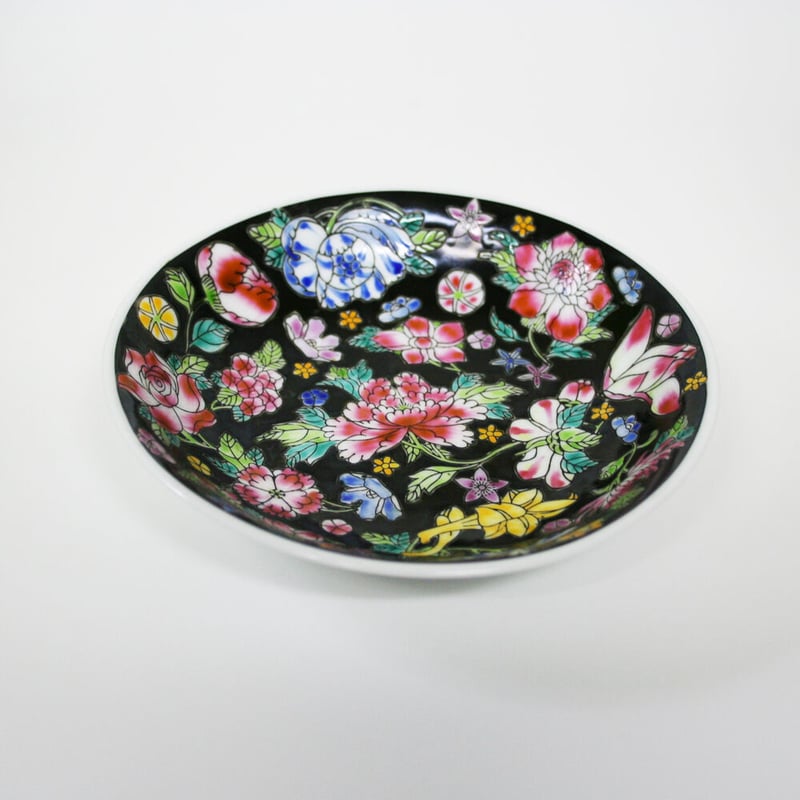 ◇香港食器1点もの◇80年代 デッドストック 景徳鎮 黒 花柄 カラフル