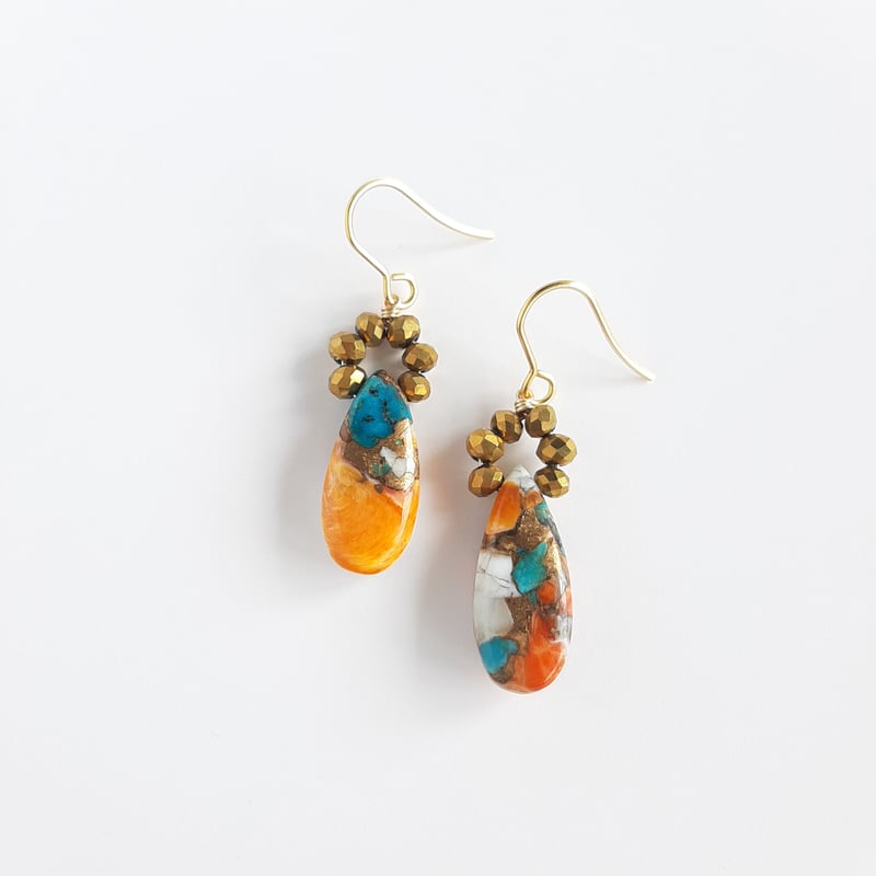 オイスターカッパーターコイズとゴールド 大粒ドロップ ピアス