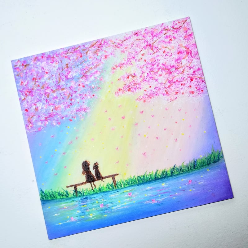 さくら 春色に包まれて ハートの花びら 【原画】オイルパステルアート