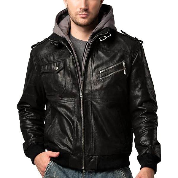 FLAVOR Men's Real Leather Bomber Jacket with Removable Fur Collar