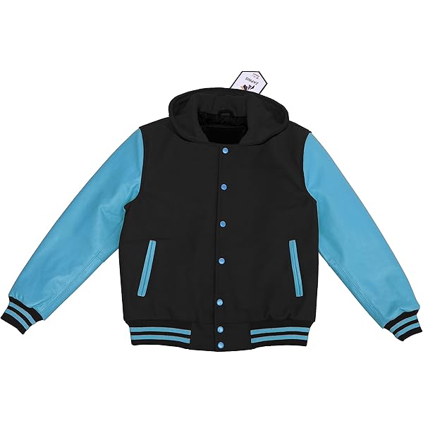 ZAPRIS Varsity Jacket Hoodie's Wool Body & Genuine Cyan Leather