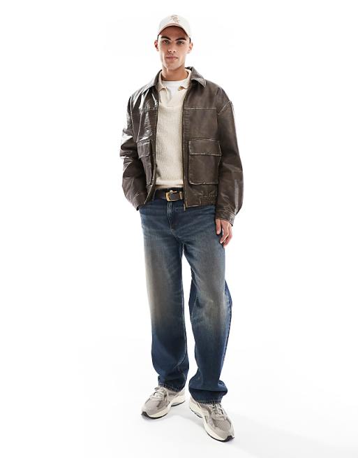Bershka faux leather washed vintage jacket in brown | ASOS