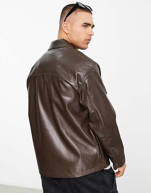 Bershka full zip faux leather jacket in brown | ASOS