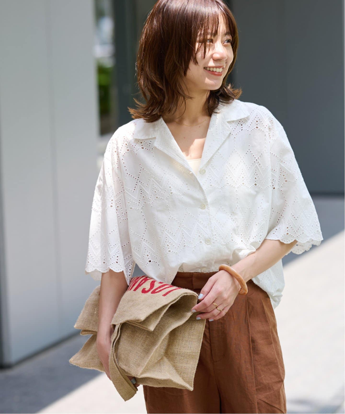 追加》コットンカットワーク刺繍開襟シャツ（シャツ／ブラウス