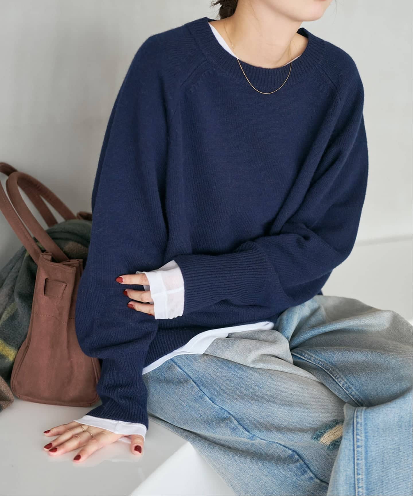 WEB限定カラー有り》ウールカシミヤ ラグランクルーネックニット