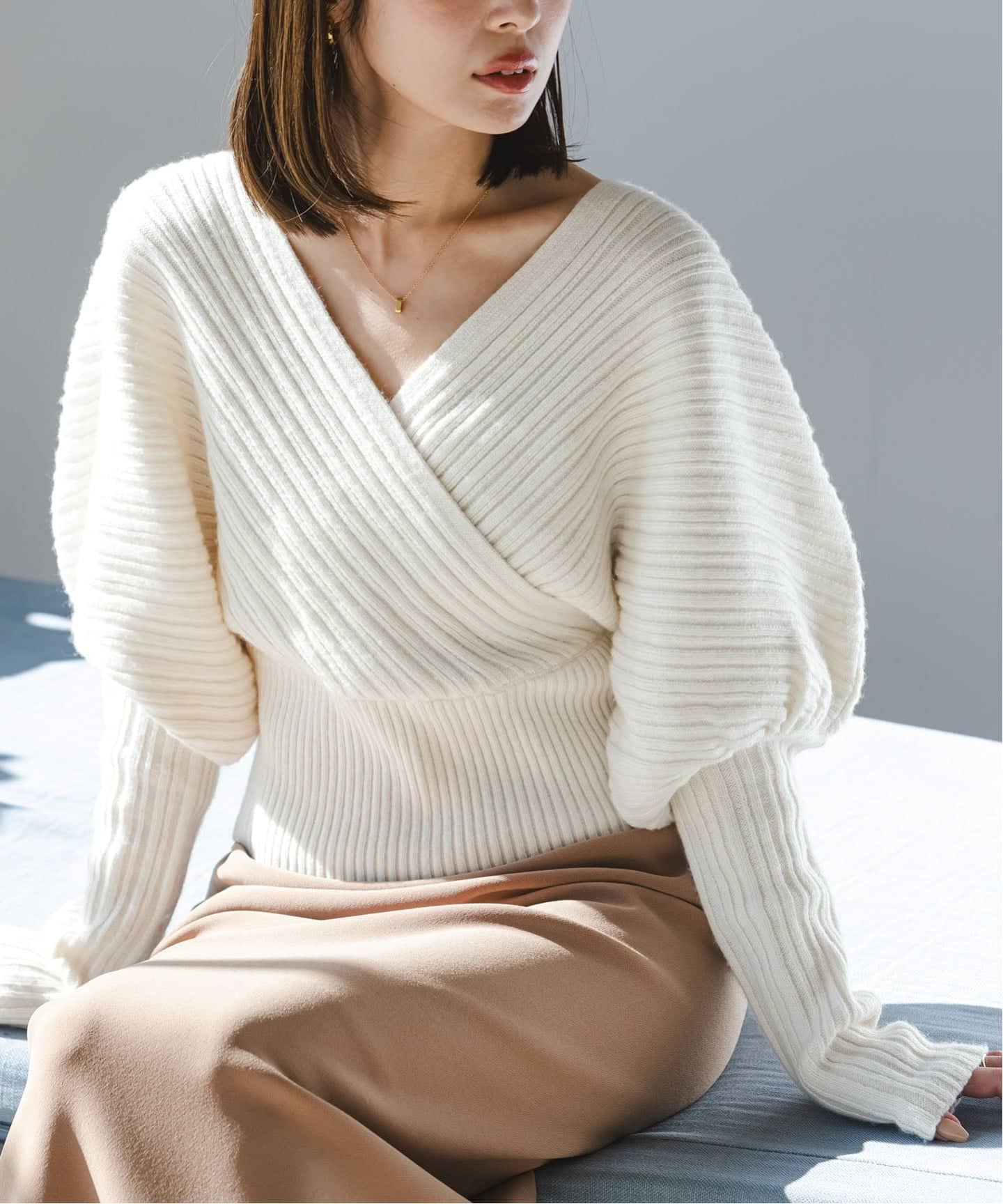 カシュクールランダムリブニットプルオーバー（ニット／セーター