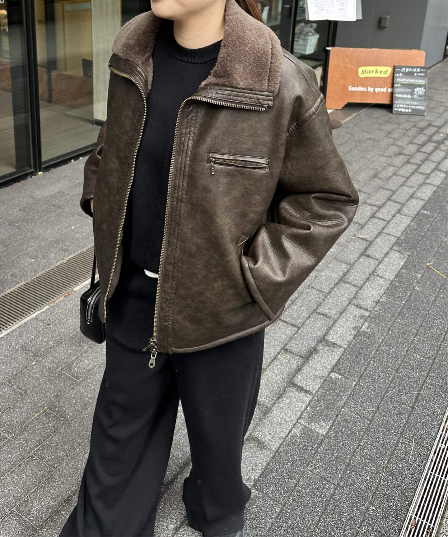 WEB限定追加》フェイクレザーボアブルゾン（レザージャケット