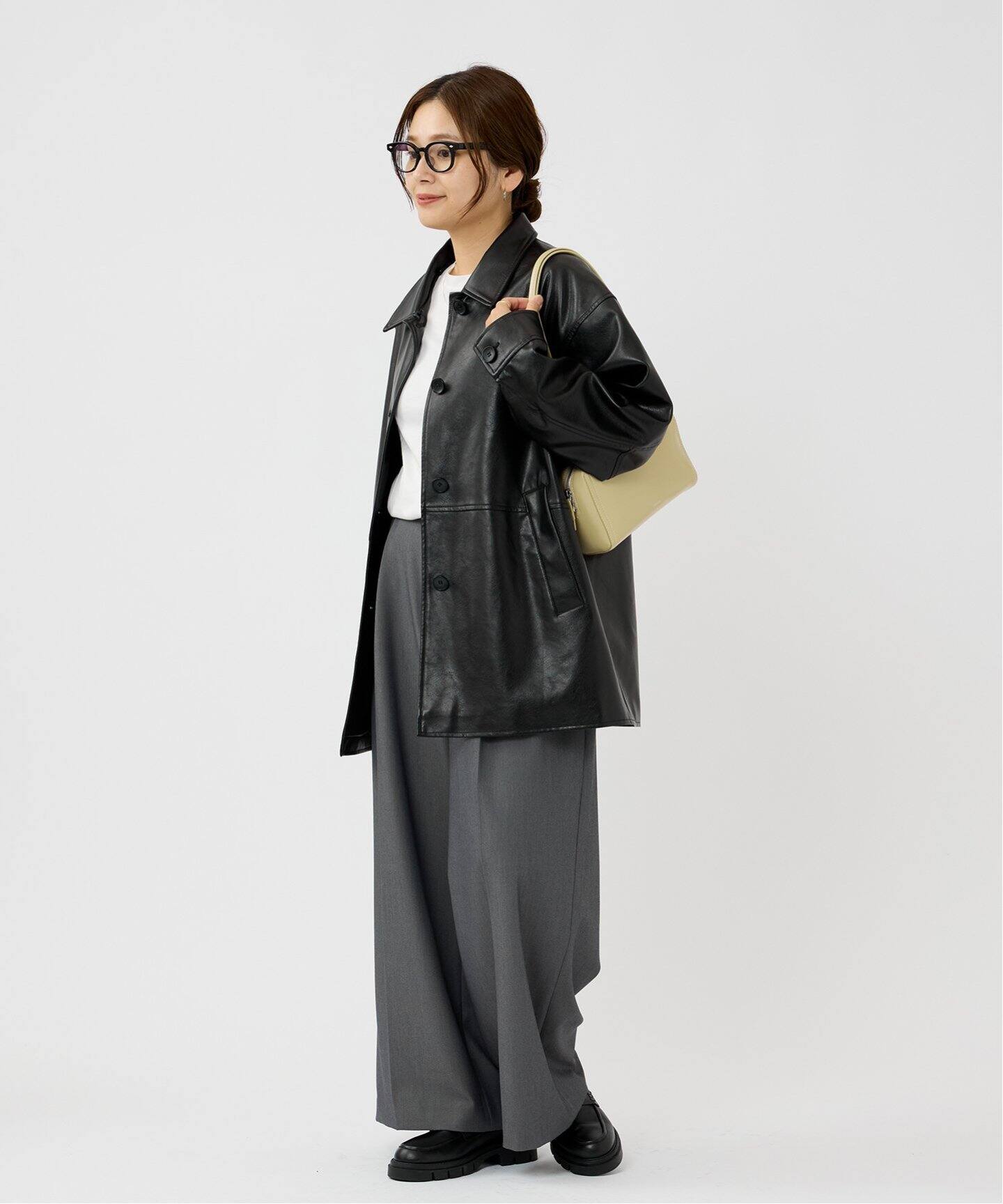 追加》ウォッシャブルフェイクレザーファー襟付カバーオール（レザー