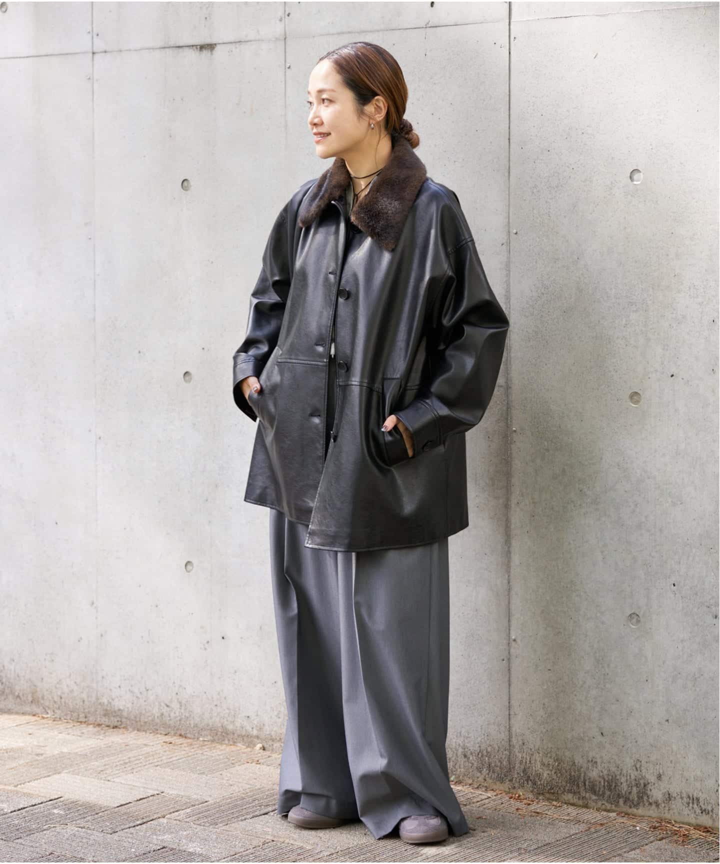 追加2》ウォッシャブルフェイクレザーファー襟付カバーオール（レザー