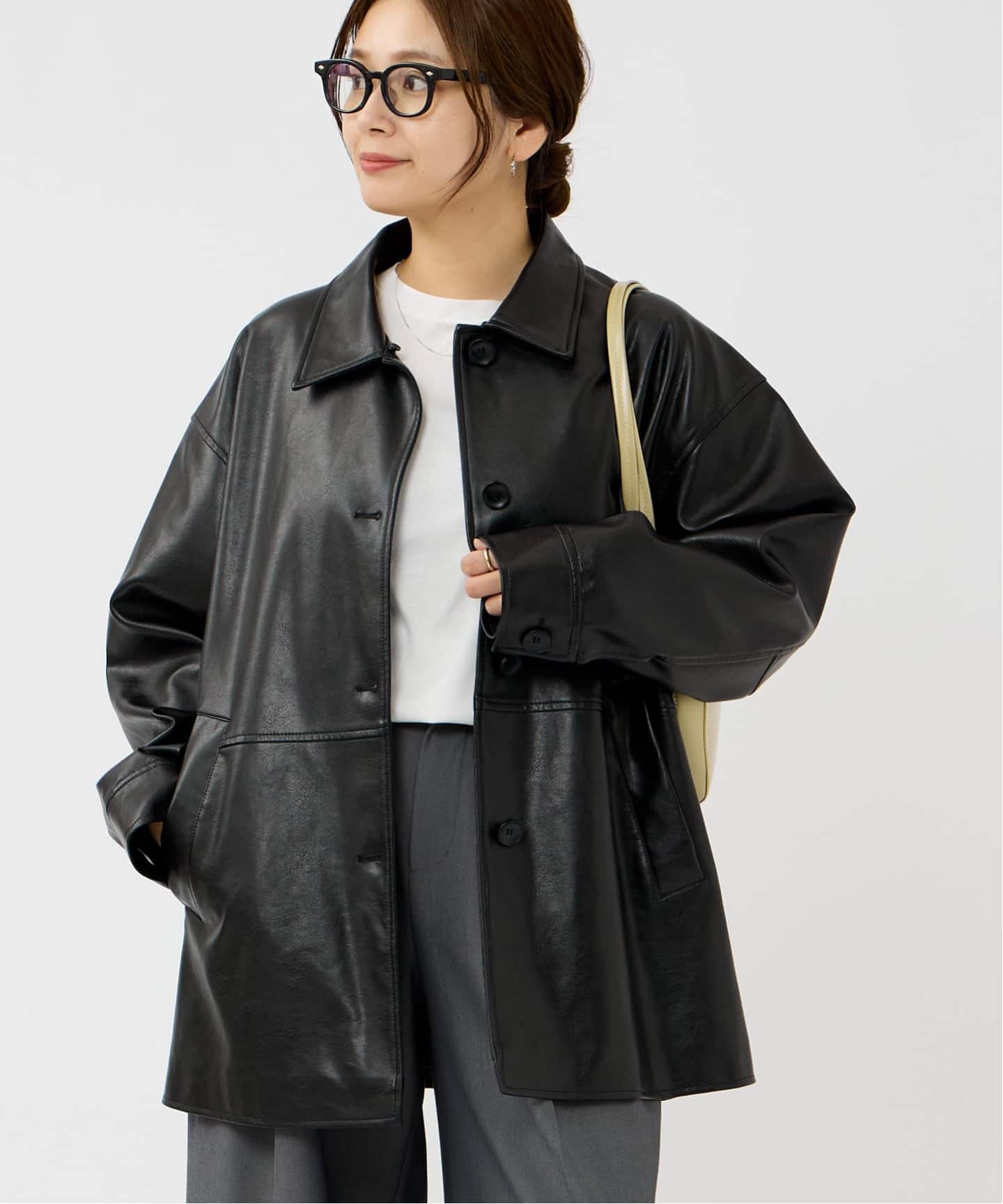 追加2》ウォッシャブルフェイクレザーファー襟付カバーオール（レザー