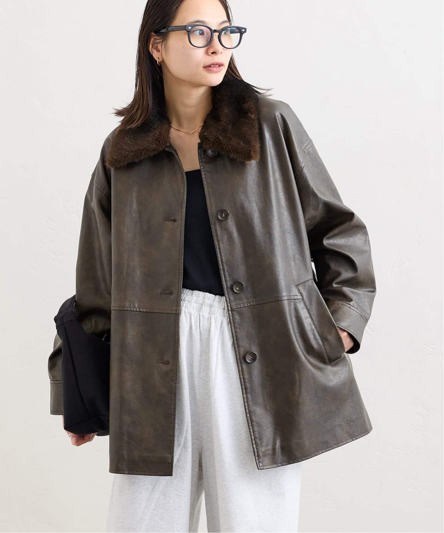 追加2》ウォッシャブルフェイクレザーファー襟付カバーオール（レザー