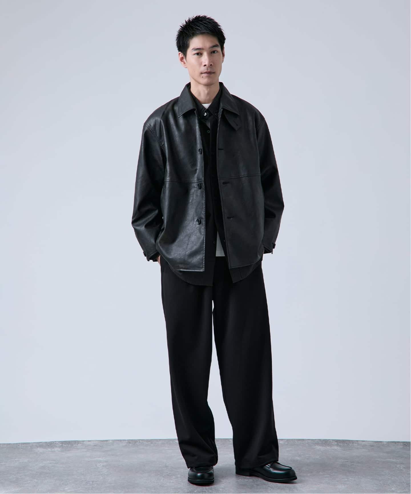 フェード加工 フェイクレザーカーコート（レザージャケット）｜B.C