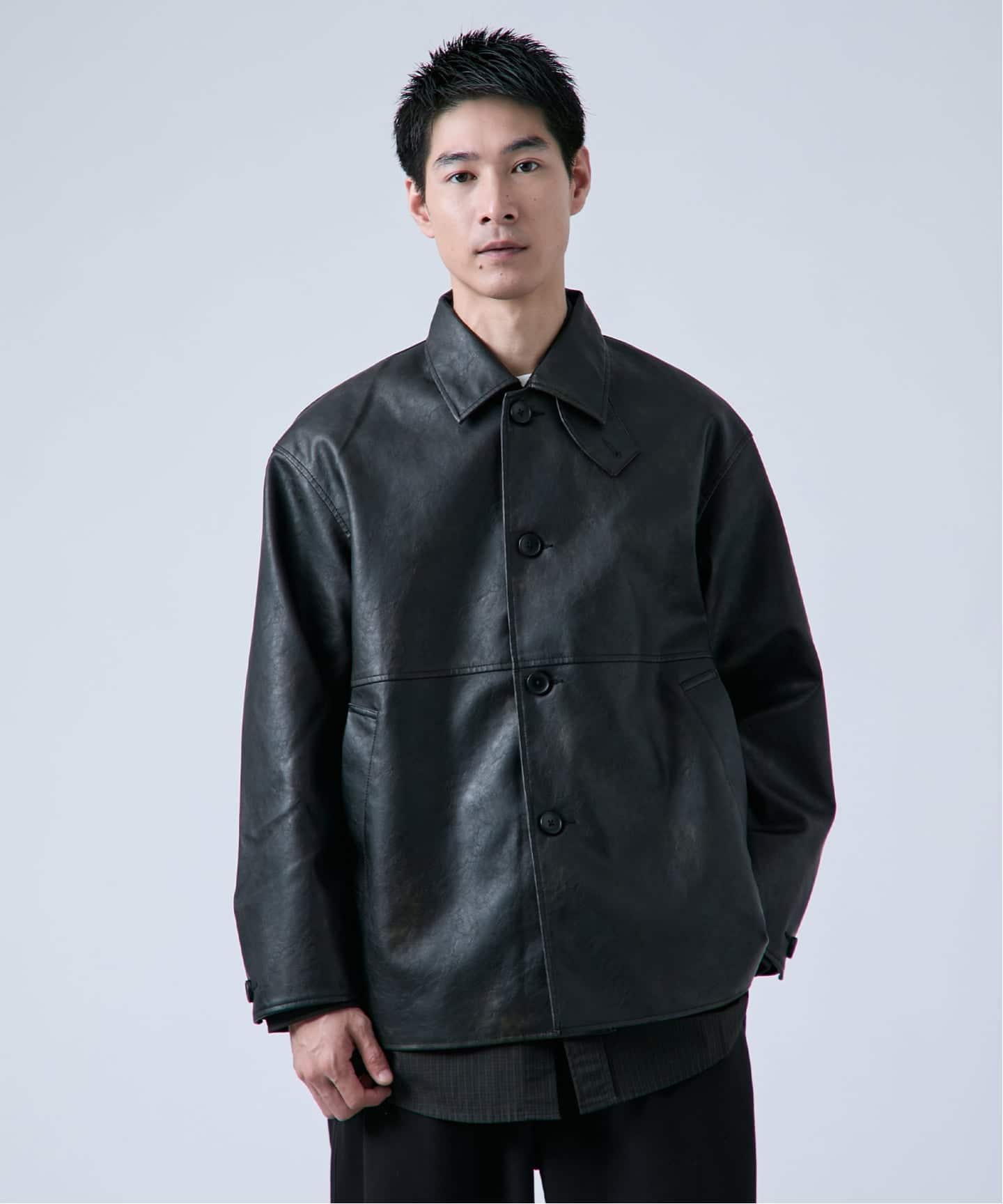 フェード加工 フェイクレザーカーコート（レザージャケット）｜B.C